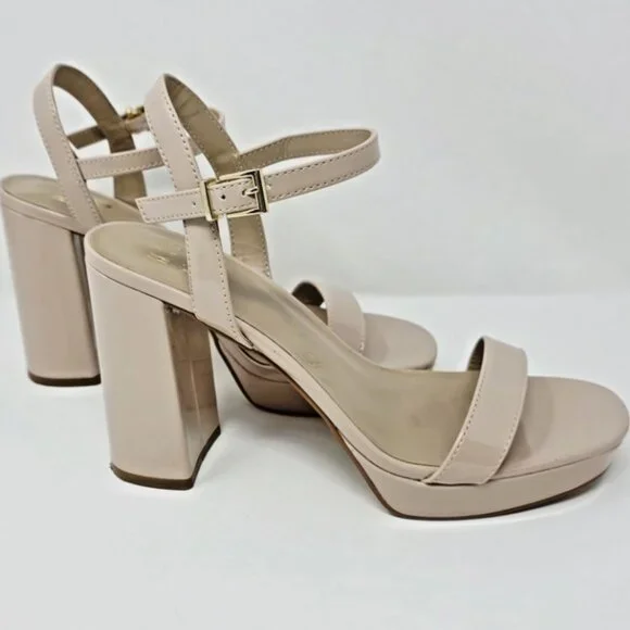 Beige Nude Patent Platform Open Toe Block Heel Sandal Womens 8.5 Baddie Chunky - Picture 5 of 11